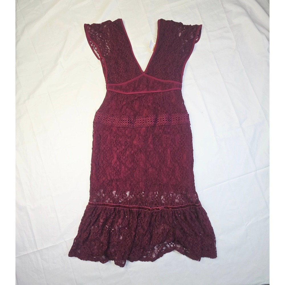 Foxiedox Women's Lace V-Neck Midi Dress Medium Burgundy Ruffle Hem Cocktail